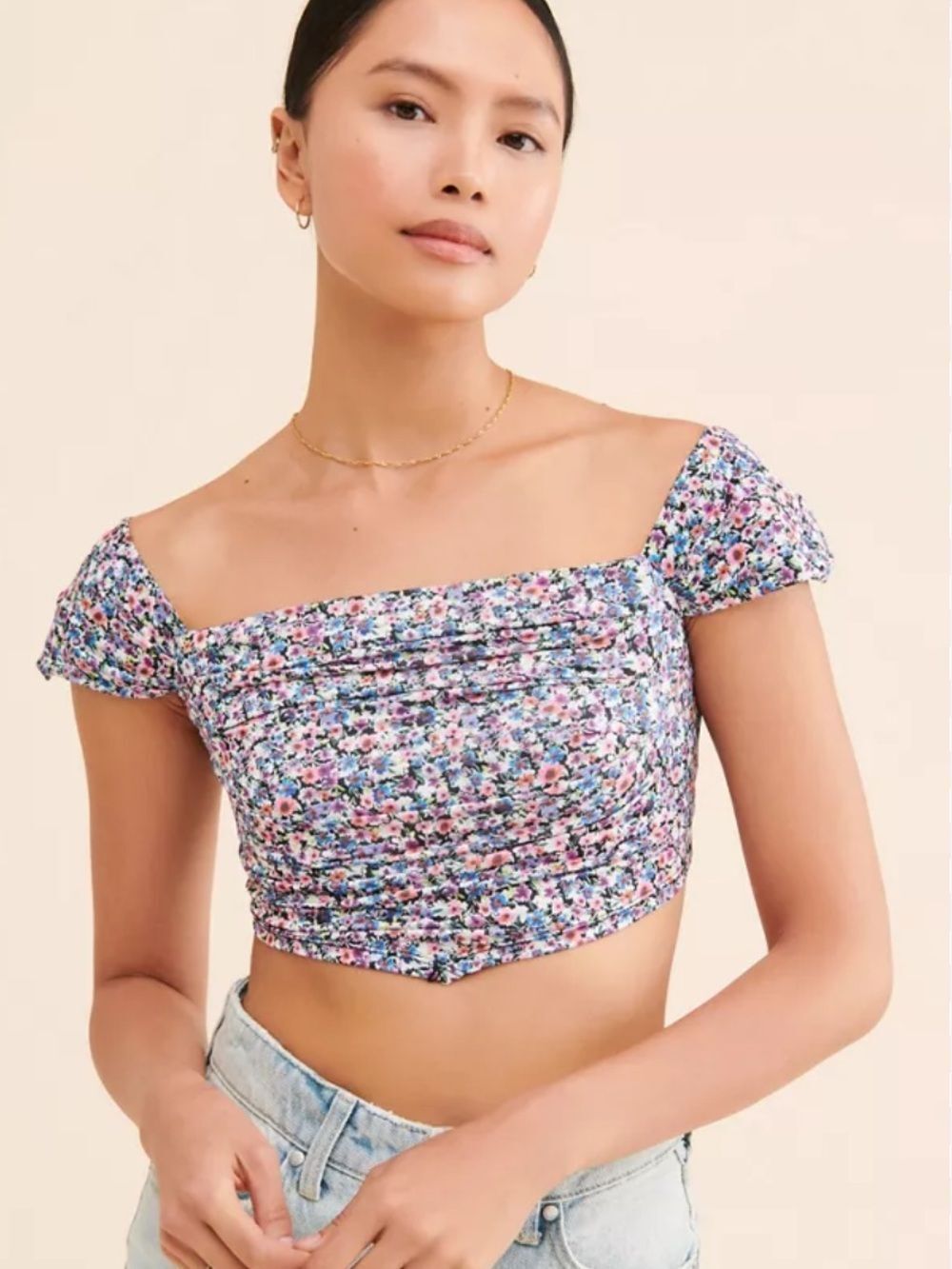 AFRM Floral Smocked Off-Shoulder Crop Top in Blue and Pink